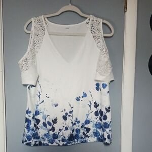 White and Blue Floral Women's Top